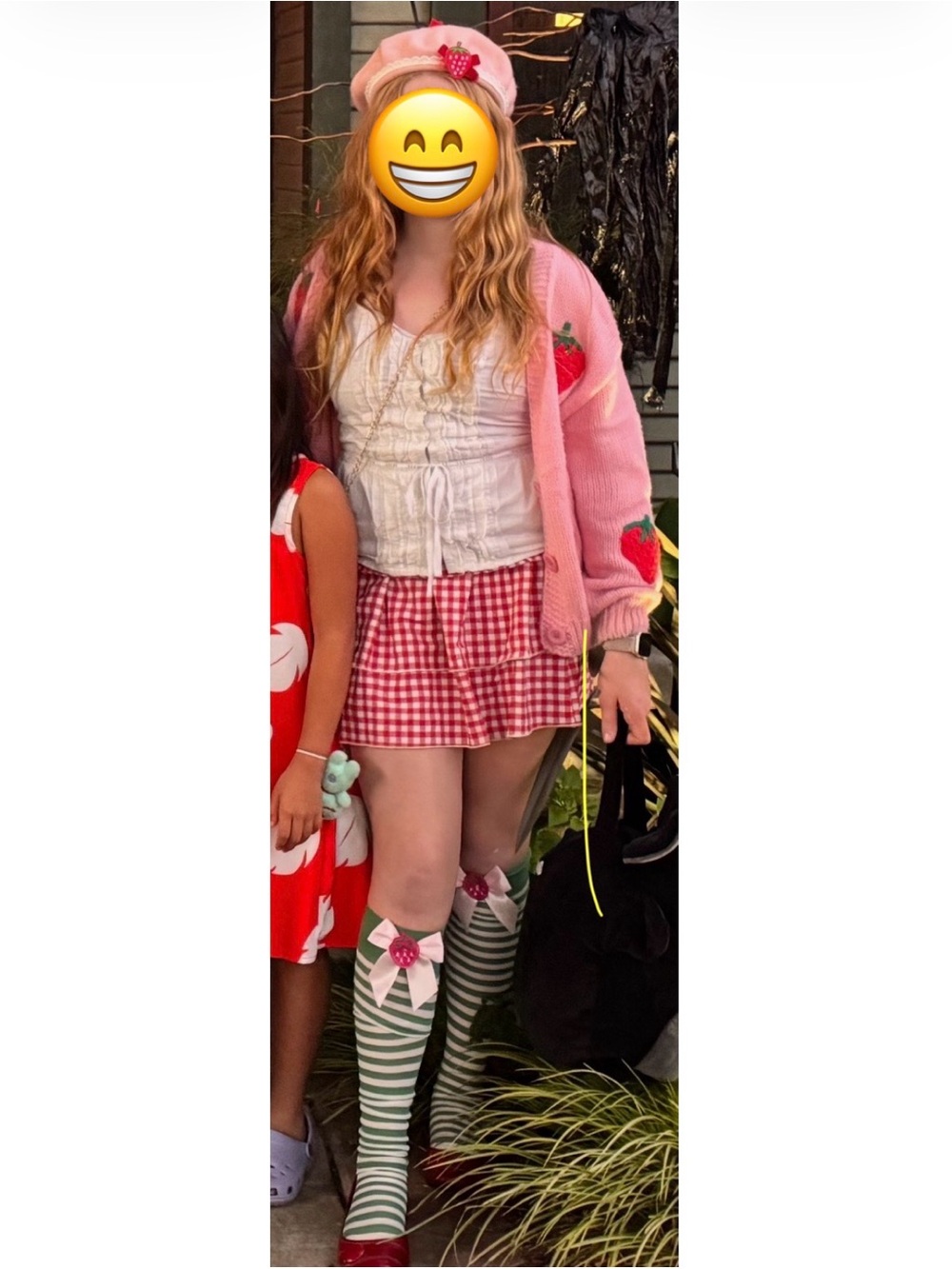 Kids Pink Strawberry Cardigan Costume with Gingham Skirt